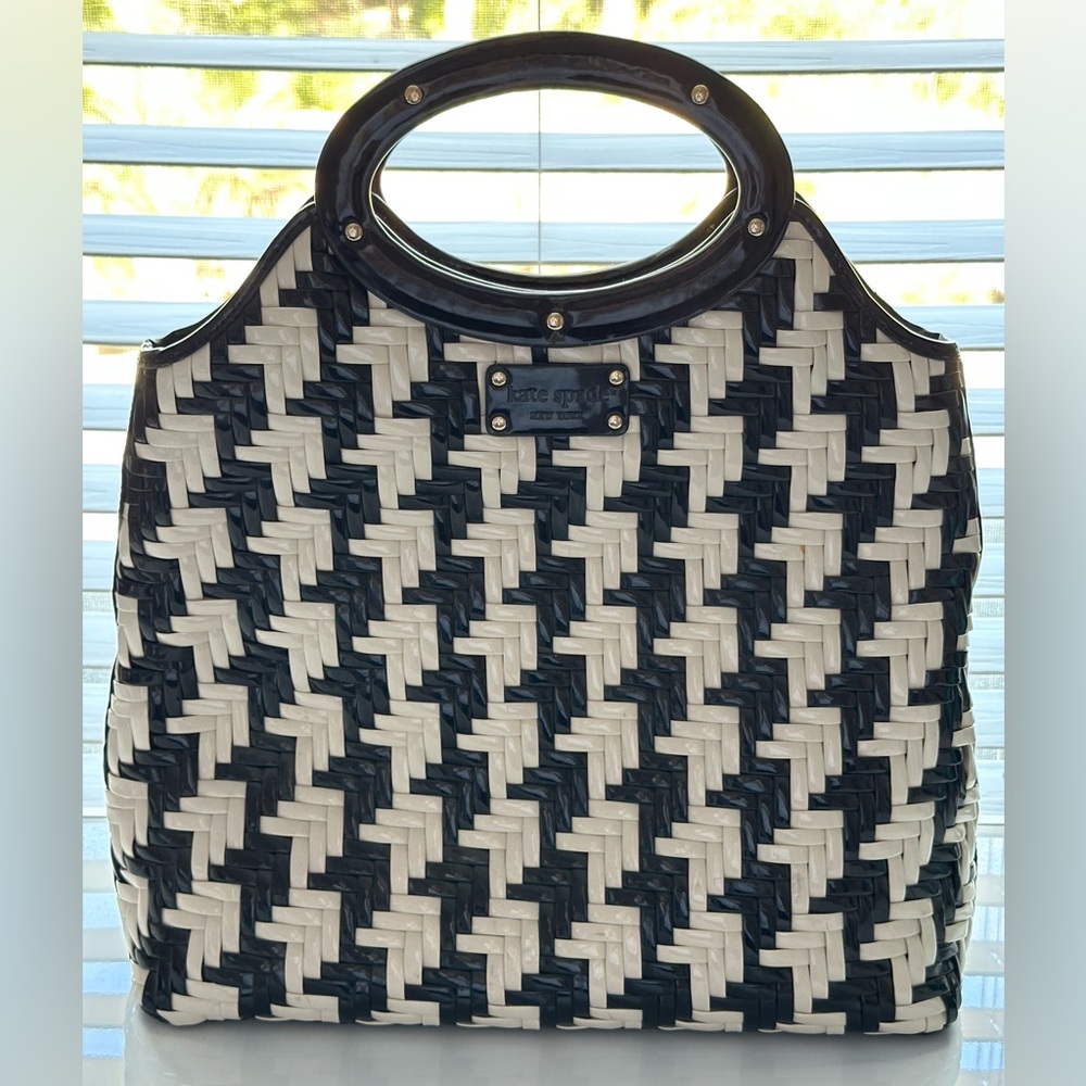 Kate Spade Woven Black & White Houndstooth Rubber Top Handle Tote Bag